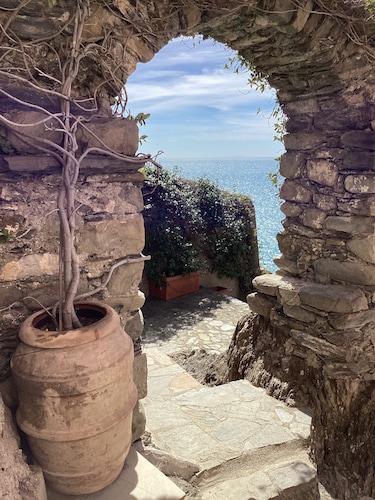 A  typical Ligurian house in MANAROLA with roof terrace, sea views and AC.