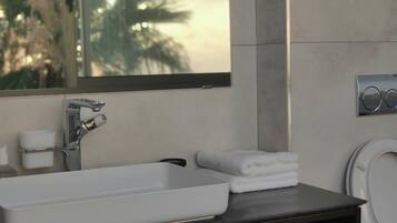Un baño moderno con un lavamanos grande y rectangular, un espejo y un inodoro.