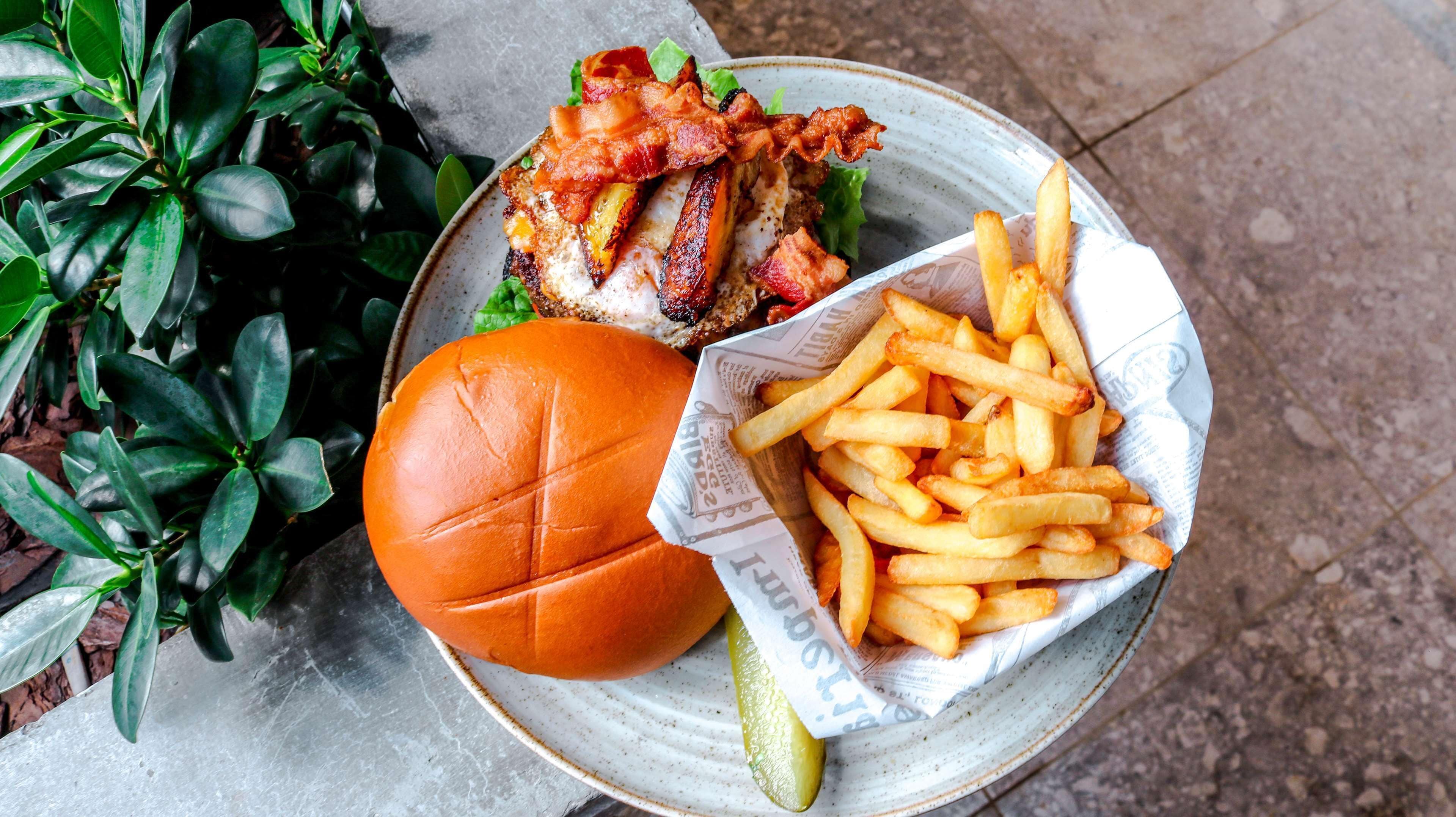 Un plato con una hamburguesa, papas fritas y un pepinillo.