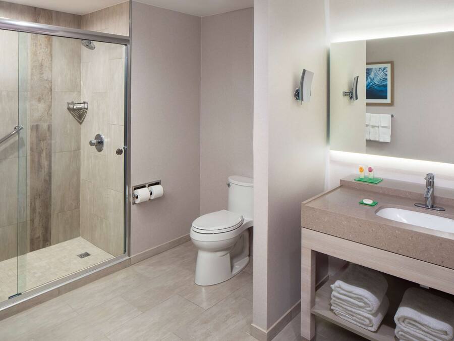 A modern bathroom with a glass-enclosed shower, a toilet, and a vanity with a sink and mirror.