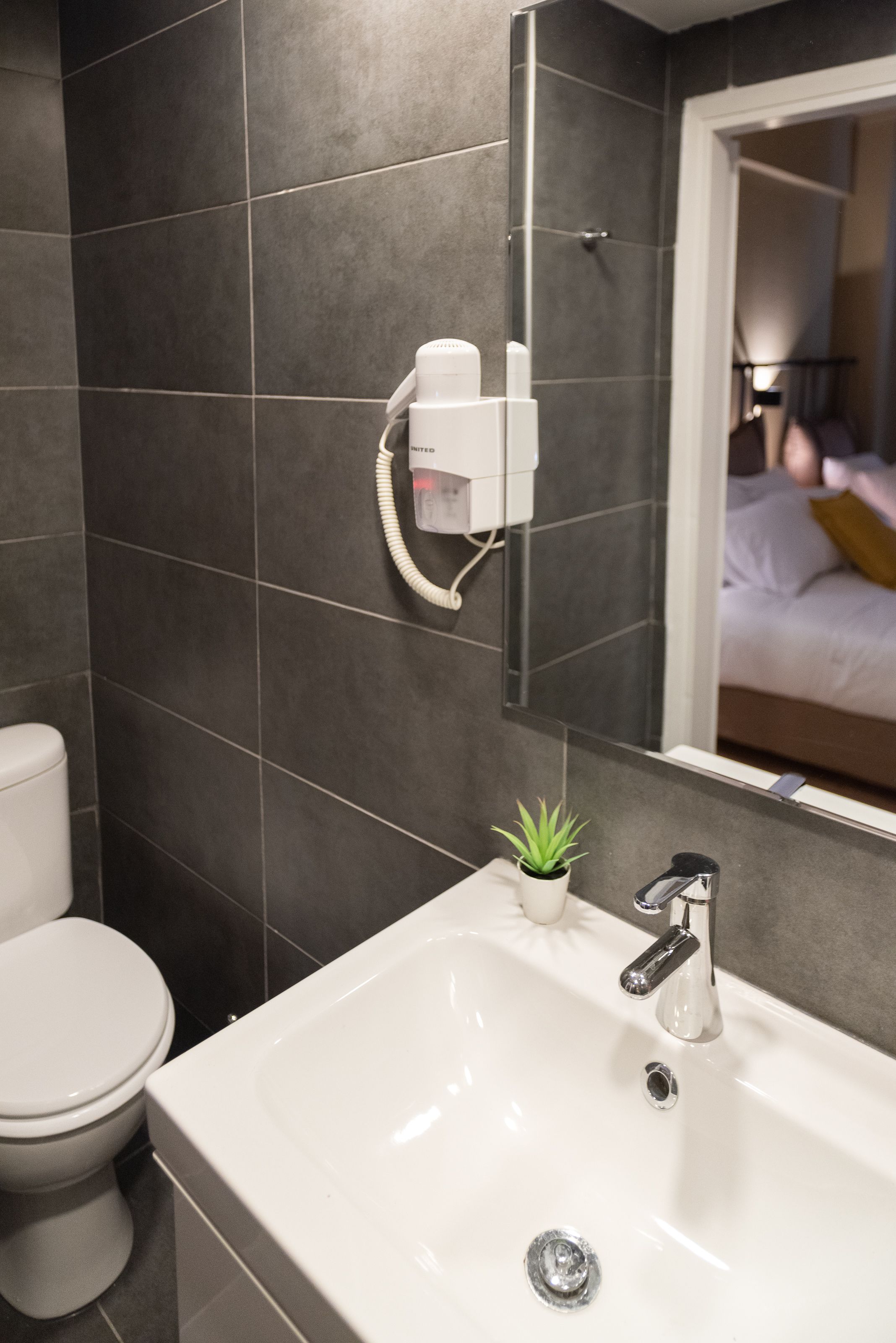 A modern bathroom with a white sink, a handheld hair dryer mounted on the wall, and a small potted plant on the counter.