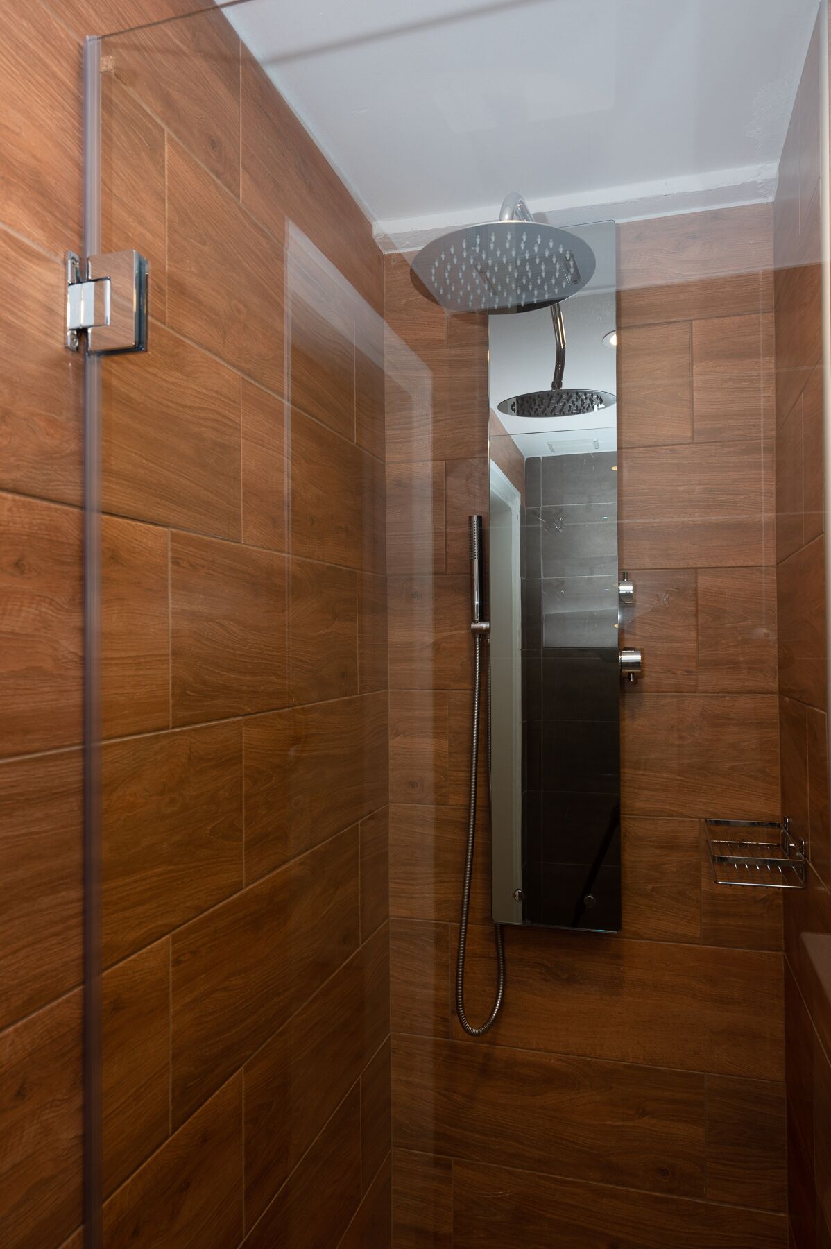 Un área de ducha moderna con ducha de lluvia, cabezal de ducha manual y mampara de vidrio.