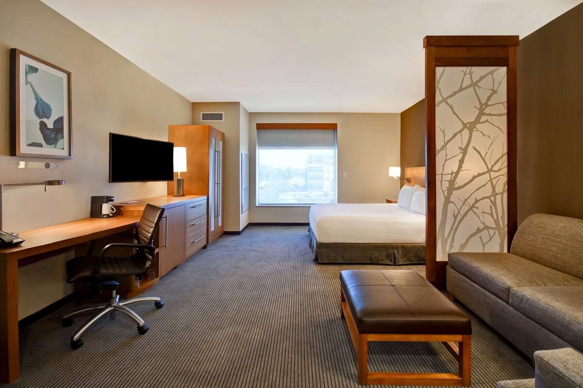 A hotel room with a bed, a desk with a chair, a sofa, a bench, a TV, and a window with a view.