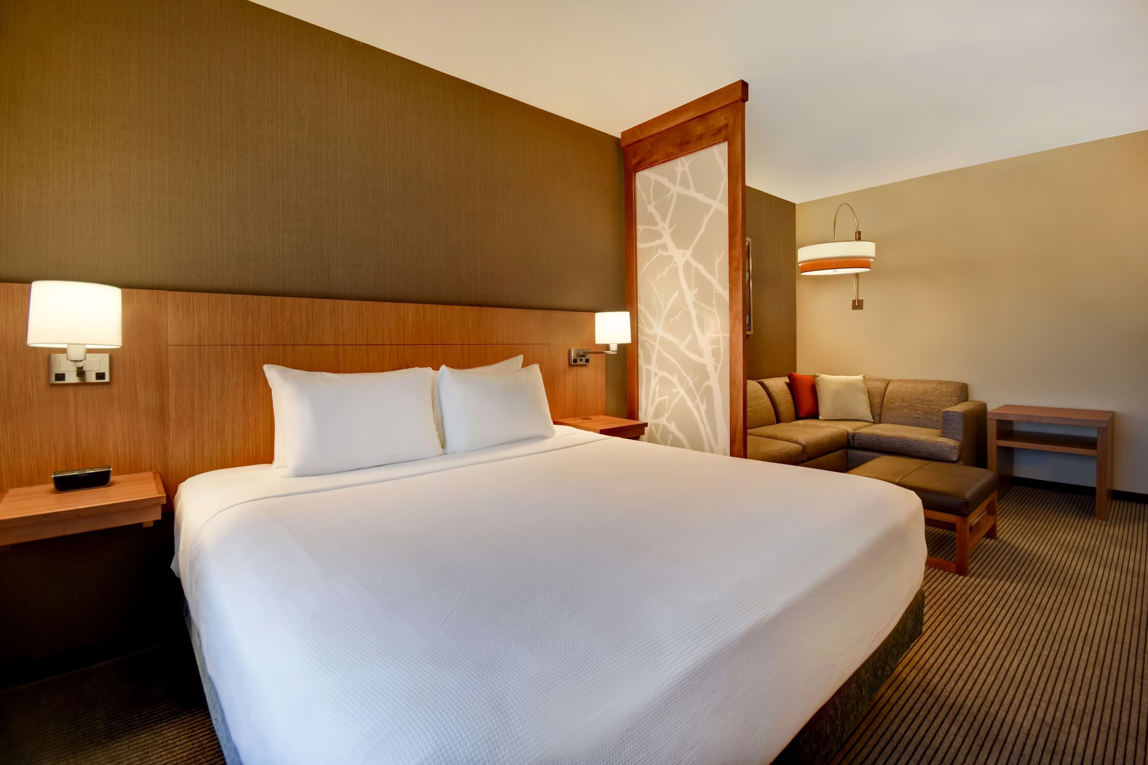 A hotel room with a large bed, a sofa, a small table, and a nightstand.