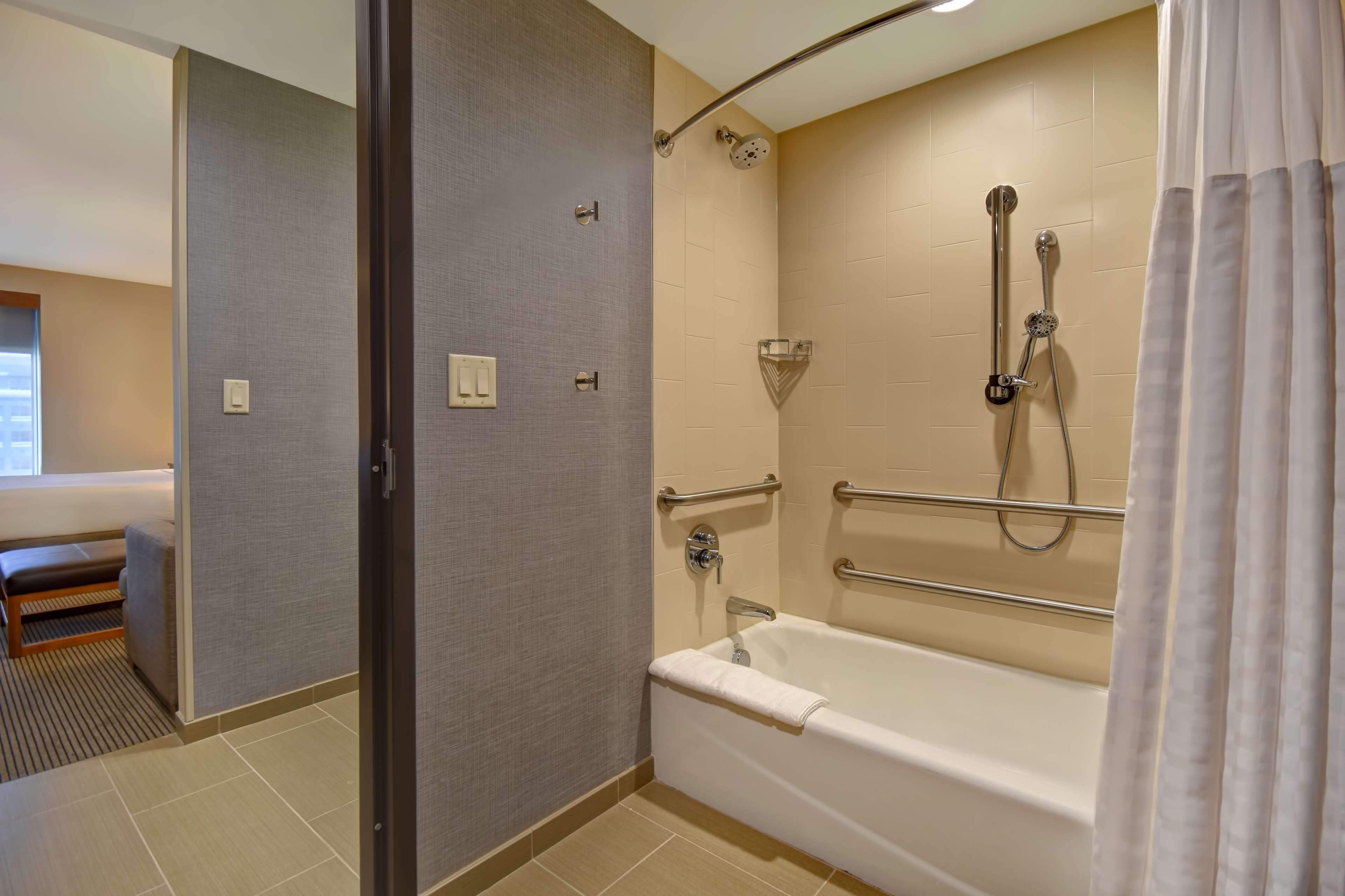 combined shower/bathtub, hair dryer, towels