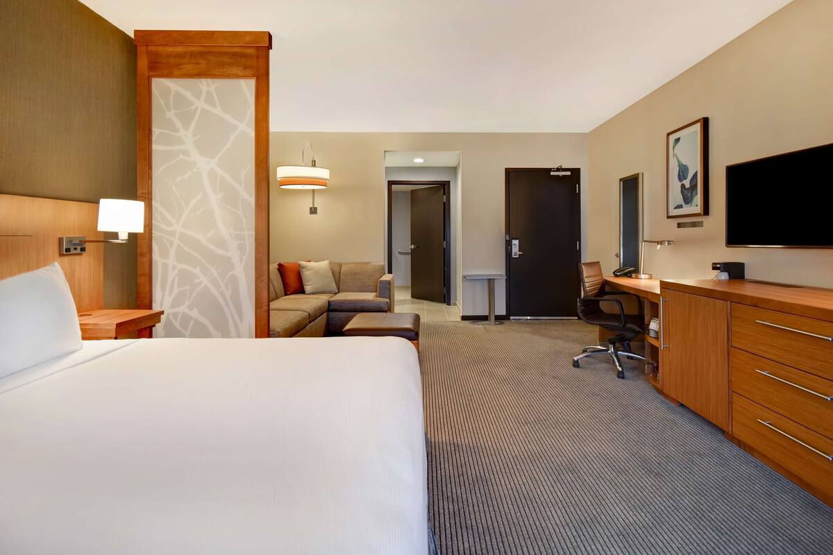 A hotel room with a large bed, a desk, a chair, a sofa, and a television.