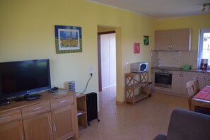 Tv, dvd-afspiller, bordtennisbord, bøger