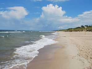 A beach with a clear sky, waves, and a sandy shore.