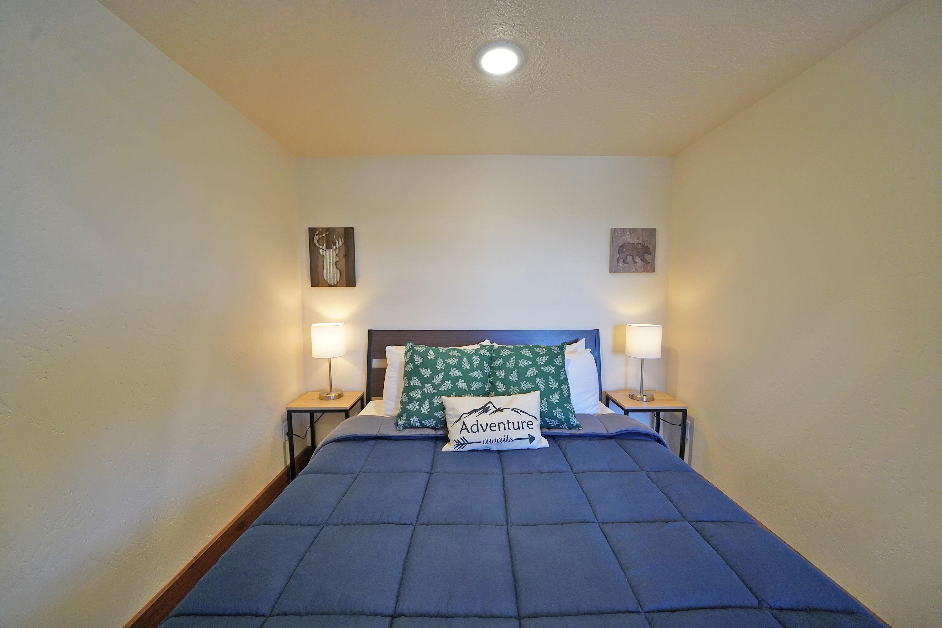 Een net opgemaakt bed met een blauwe sprei en kussens, twee nachtlampjes en twee aan de muur bevestigde kunstwerken.