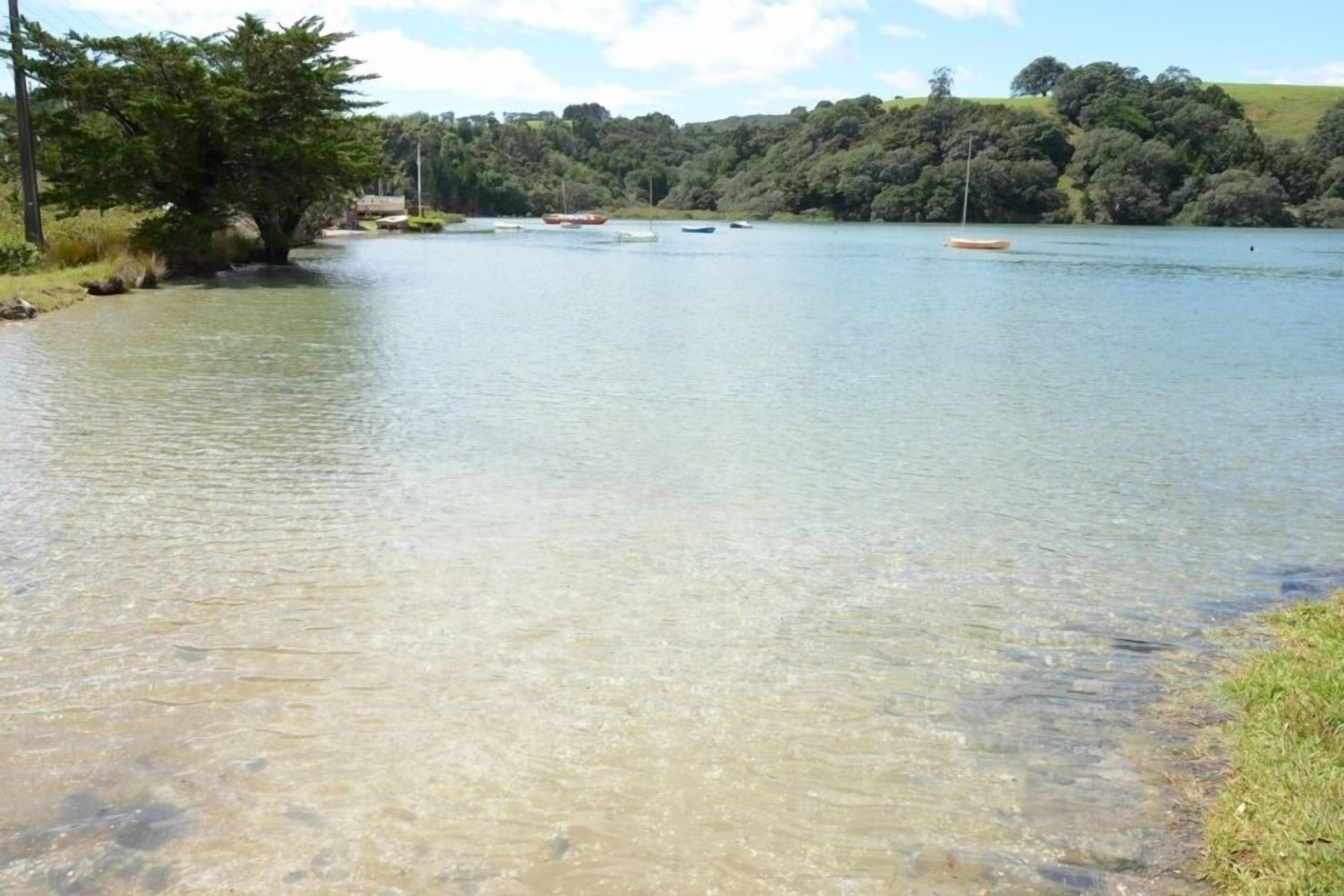 Un lago tranquilo con barcos, aguas cristalinas y una orilla bordeada de árboles.