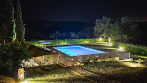 Una piscina rectangular rodeada de una valla, con un área de descanso techada y vistas del paisaje circundante.