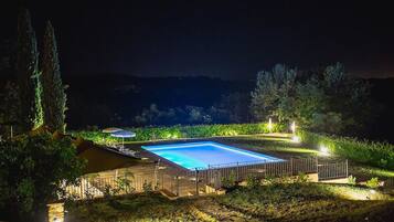 Seasonal outdoor pool, pool umbrellas, sun loungers