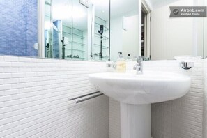 Combined shower/tub, hair dryer, bidet, towels