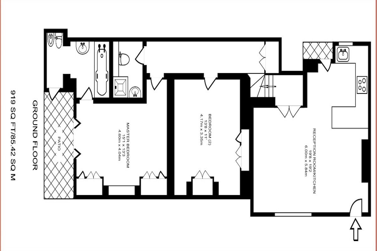 Un plan d’étage d’un hôtel comprenant une chambre principale, deux chambres, une salle de bain, une cuisine et un salon.