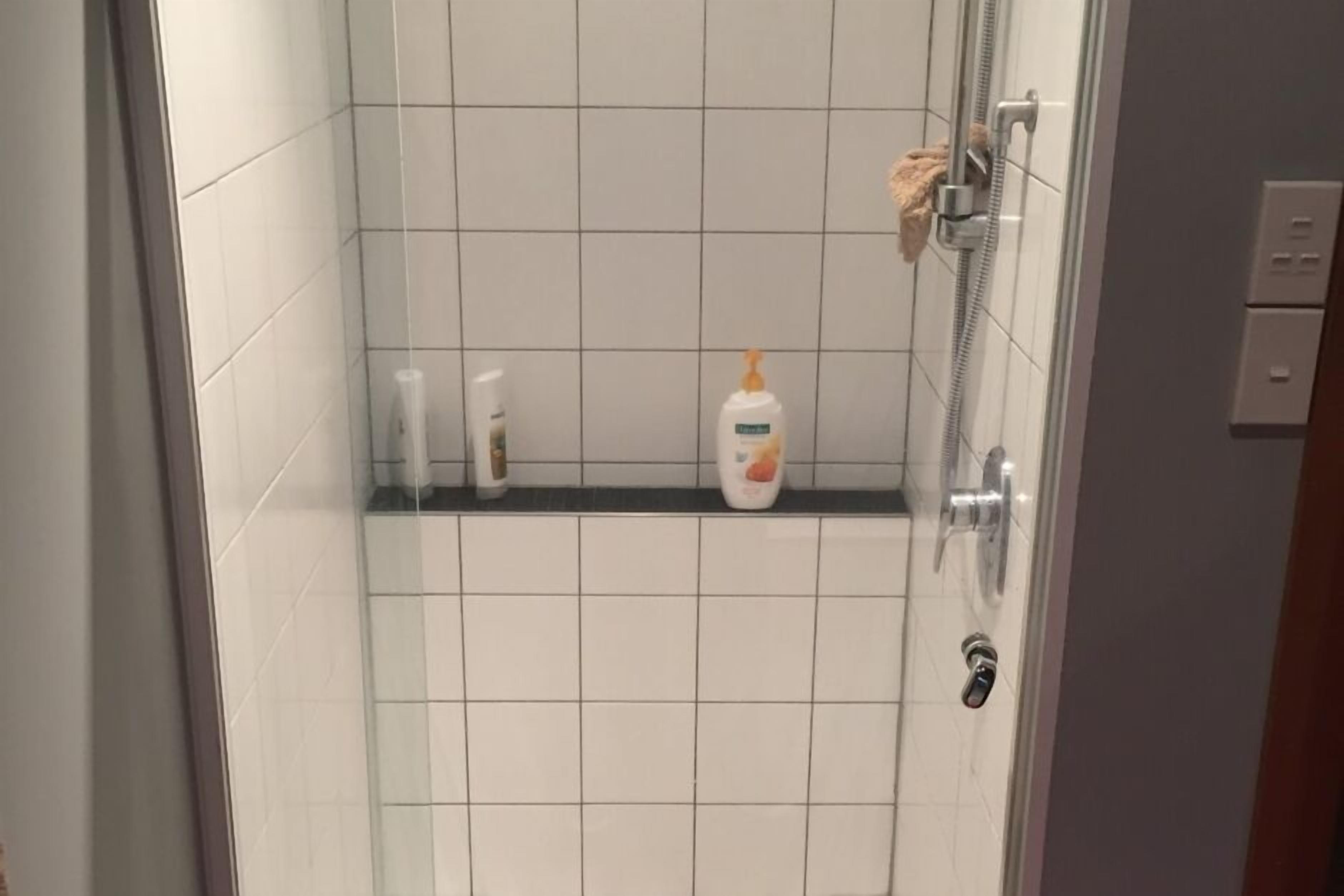Un espace douche avec des carreaux blancs, une porte en verre et une étagère contenant des articles de toilette.