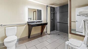 Een badkamer met toilet, wastafel, spiegel, douche en handdoekrek.