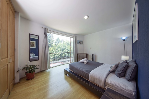 Une chambre avec une grande fenêtre, un lit, une table de chevet, une lampe et une plante en pot.