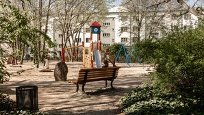 Ein Spielplatz mit Rutsche, Schaukeln und einer Kletterkonstruktion.