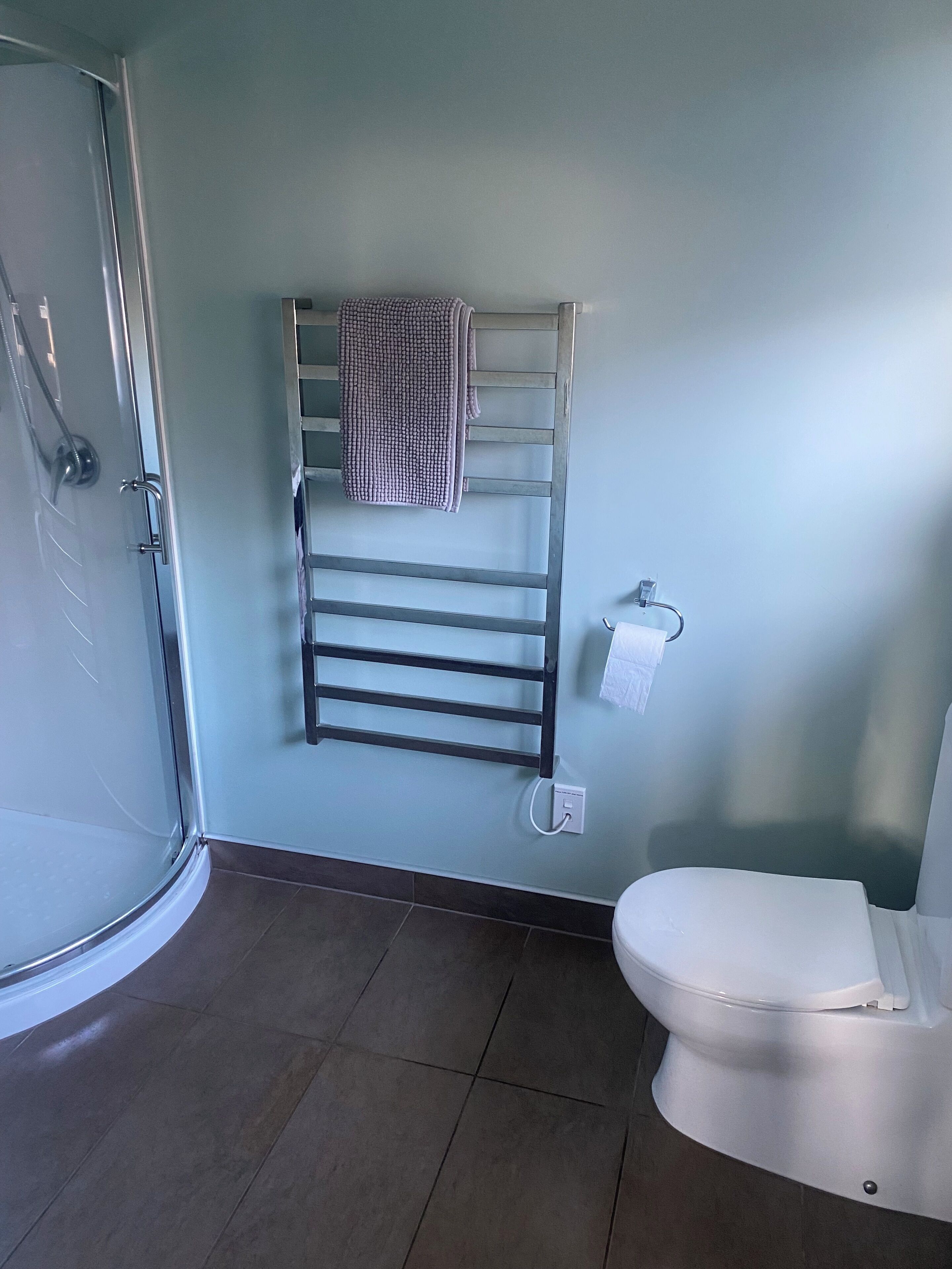 Une salle de bain avec une douche à parois de verre, un porte-serviettes sur lequel est pliée une serviette, des toilettes et une prise électrique murale.