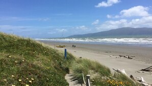 Une plage avec un sentier bordé d’herbe qui mène au rivage, un bateau et une montagne en arrière-plan.