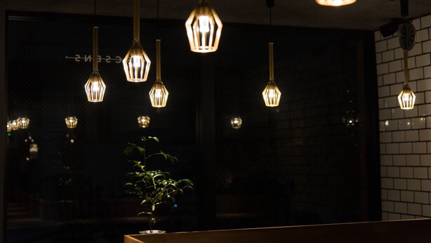 A dark interior with multiple hanging pendant lights and a potted plant. - Hotel Arcsens (Tokyo)