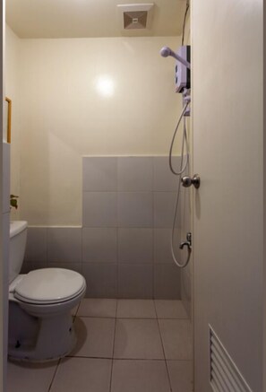 Une petite salle de bain propre, équipée de toilettes, d’une douche et d’un radiateur fixé au mur.