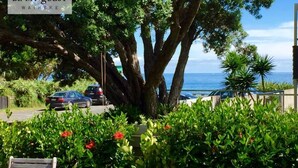 Una zona costera amb un cartell que diu "BE MY GUEST WAIHEKE", un gran arbre i cotxes aparcats.