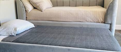 A bedroom with a bed, a sofa, a TV, and a patterned rug.