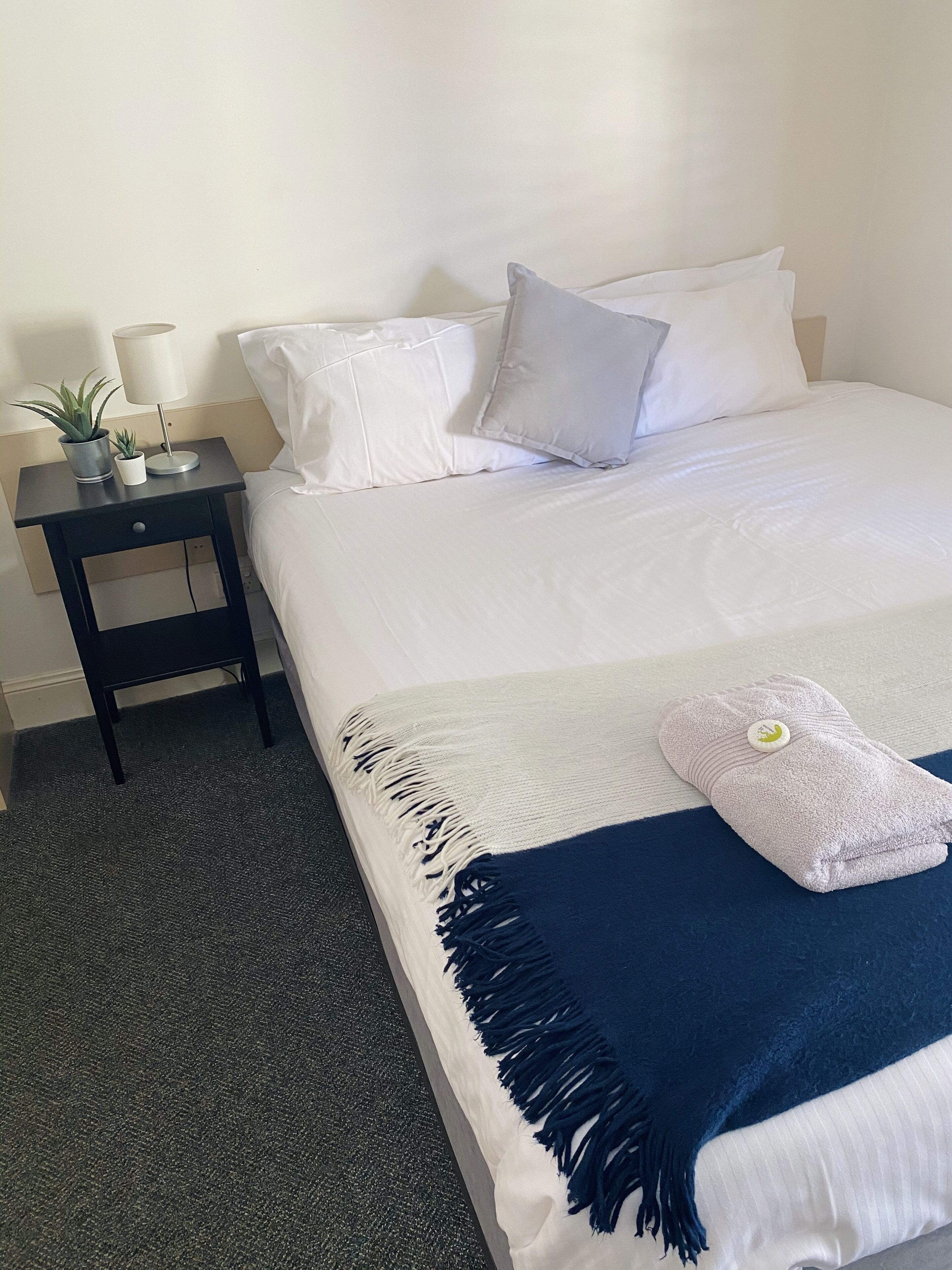 A neatly made bed with white linens, a dark blue throw blanket, and a small decorative pillow. There is a nightstand with a lamp and a potted plant beside the bed.