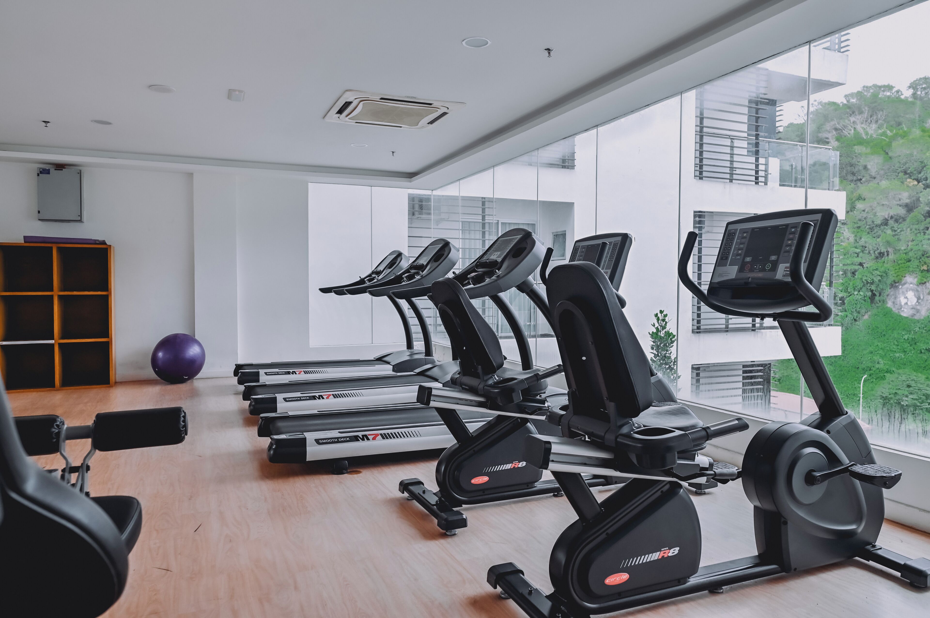 Gimnasio con cintas de correr, elípticas y una máquina de remo. Hay una pelota de ejercicios morada y un armario de madera. La sala tiene ventanas amplias con vistas a edificios y zonas verdes.