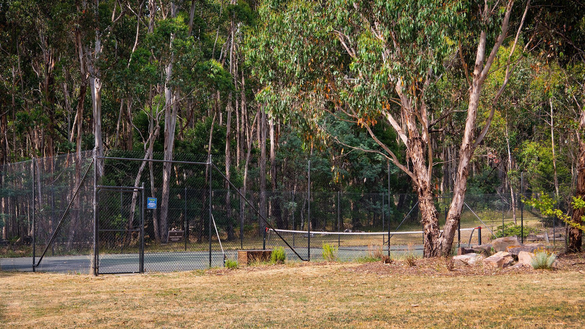 Un terrain de sport entouré de clôtures, avec des arbres en arrière-plan.