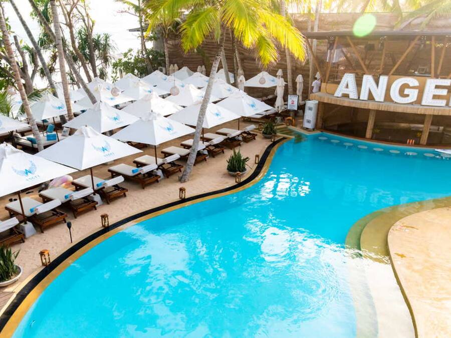 Outdoor pool, pool umbrellas, pool loungers