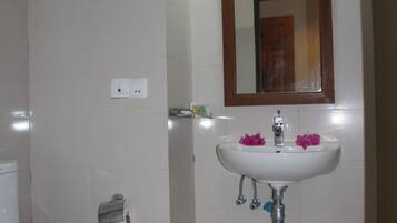 A bathroom with a toilet, a sink with a mirror above it, and a roll of toilet paper on the wall.