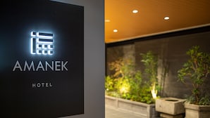 Un letrero de hotel con el nombre "AMANEK HOTEL" y un interior moderno con una pared de piedra y plantas en macetas.