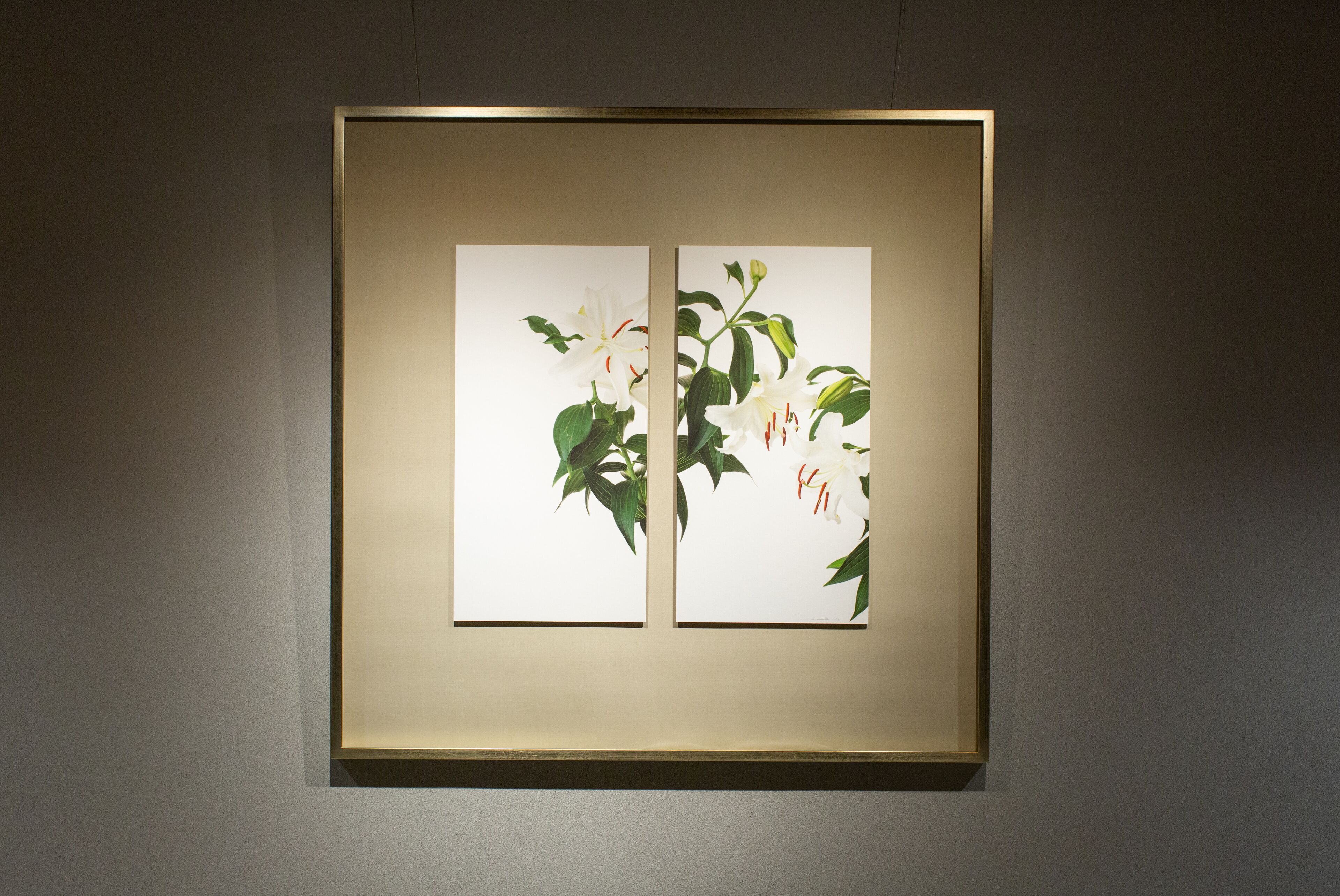 A framed artwork with two panels of white flowers and green leaves on a wall.