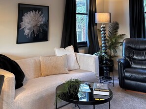 Smart TV, chimenea, libros y estéreo 