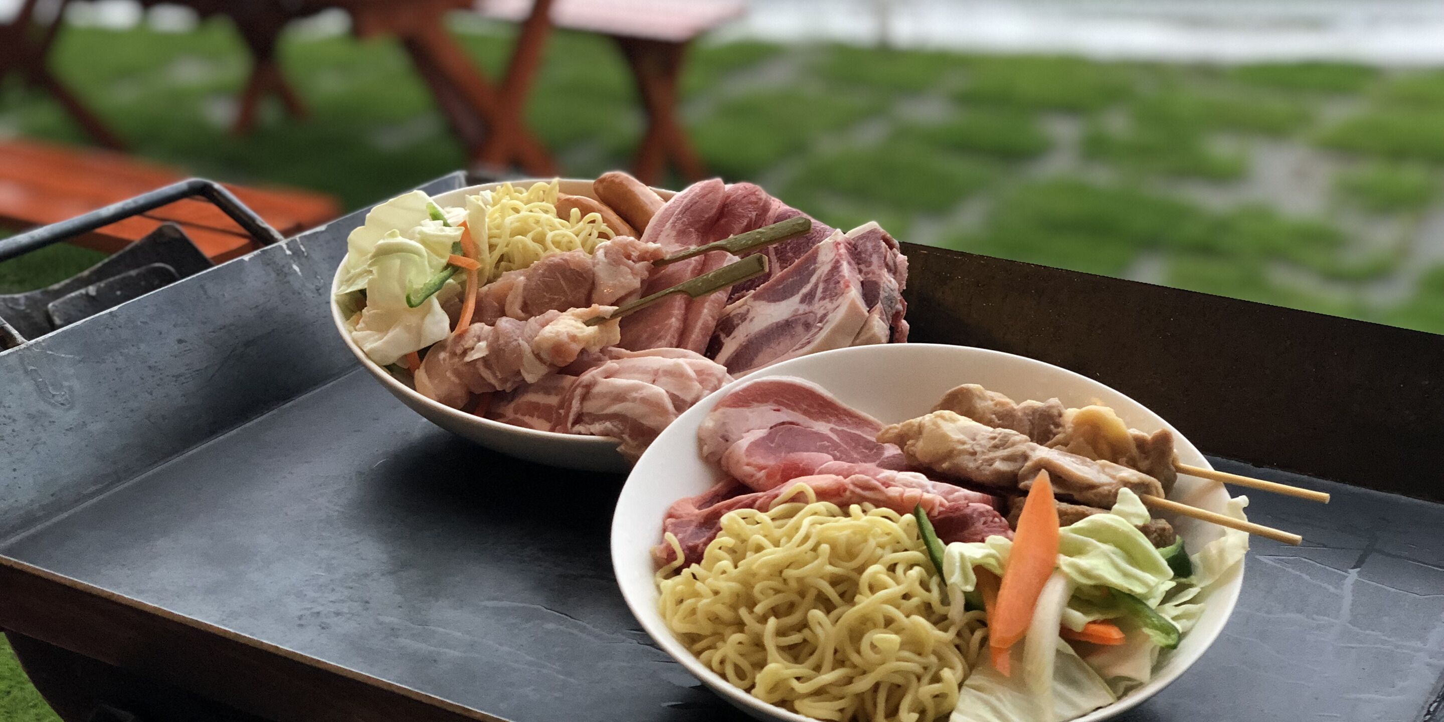 Two bowls of food on a metal tray outdoors.