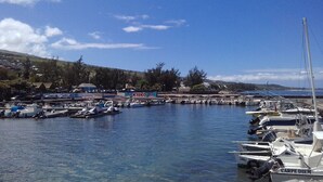 A marina with boats docked, a clear sky, and buildings in the background.
