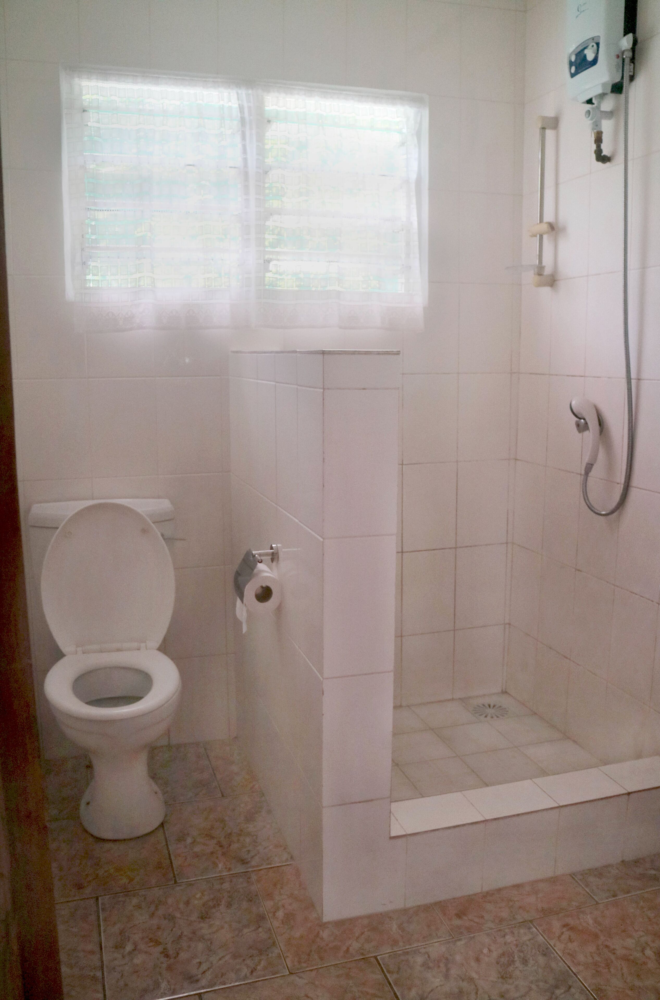 A bathroom with a toilet, a shower, and a window.