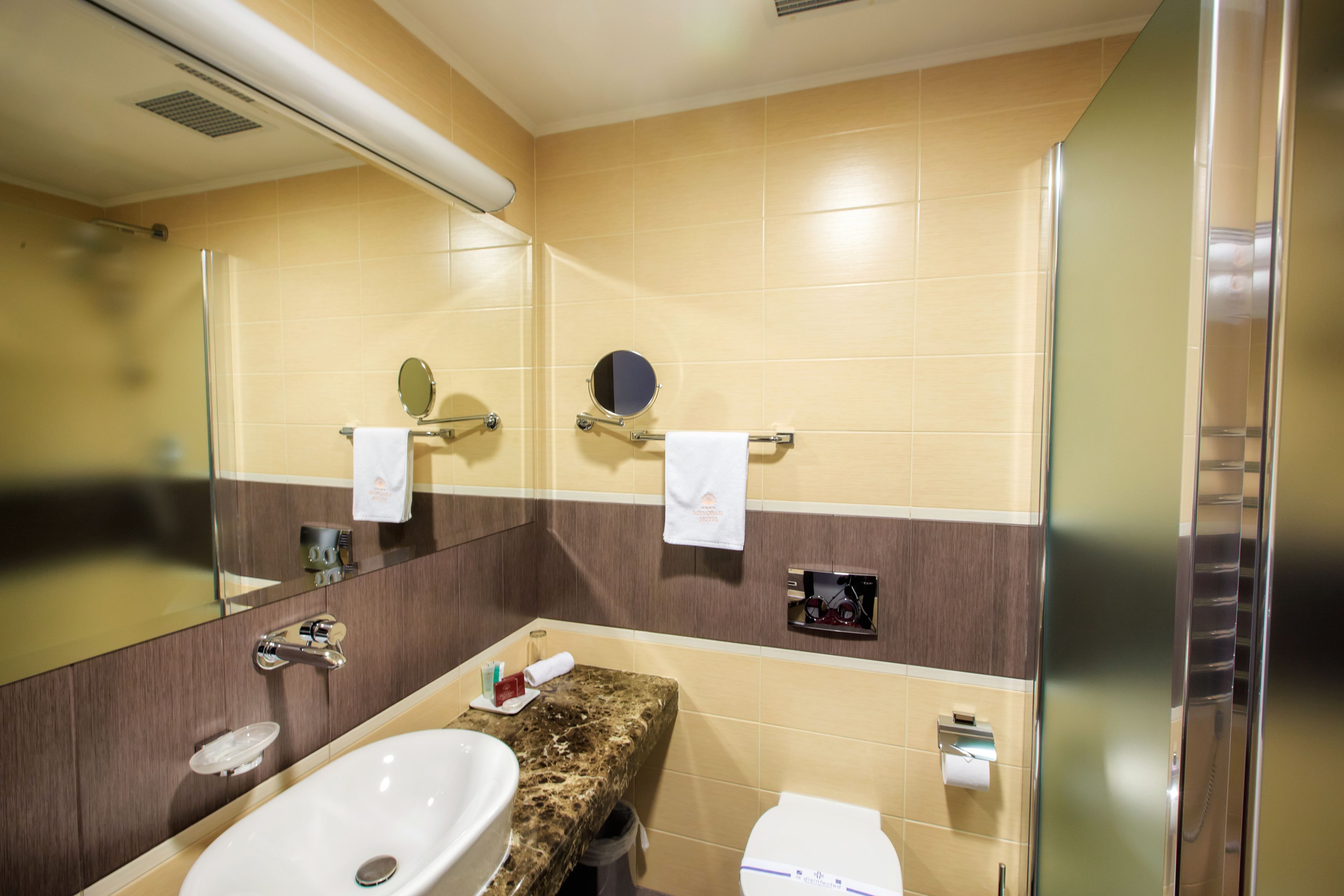 A bathroom with a marble countertop sink, a toilet, and a mirror.