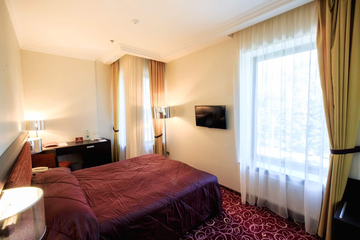 Habitación de hotel con una cama grande, un escritorio con lámpara, un televisor en la pared y una ventana con cortinas.