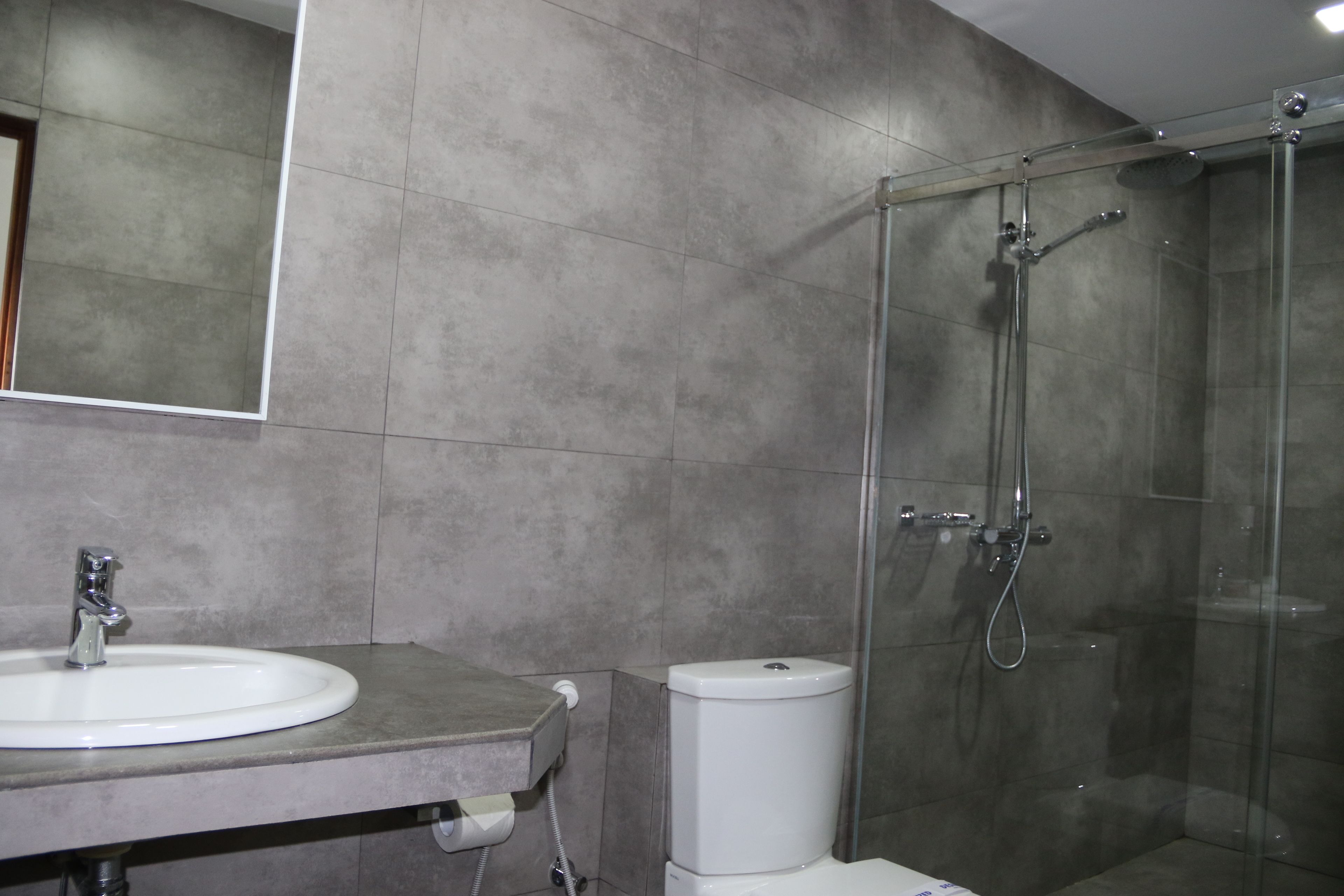 A bathroom with a sink, toilet, and glass-enclosed shower.