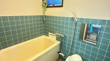 Bathtub, hair dryer, towels, soap
