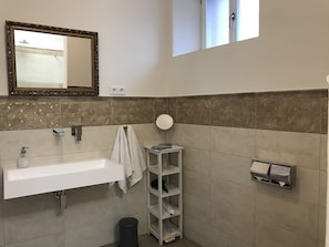 Shower, hair dryer, towels, soap