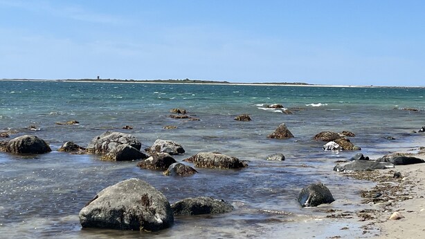 A rocky shoreline with clear water and a distant sandy beach. - Ocean Front Cottage! (Westport)