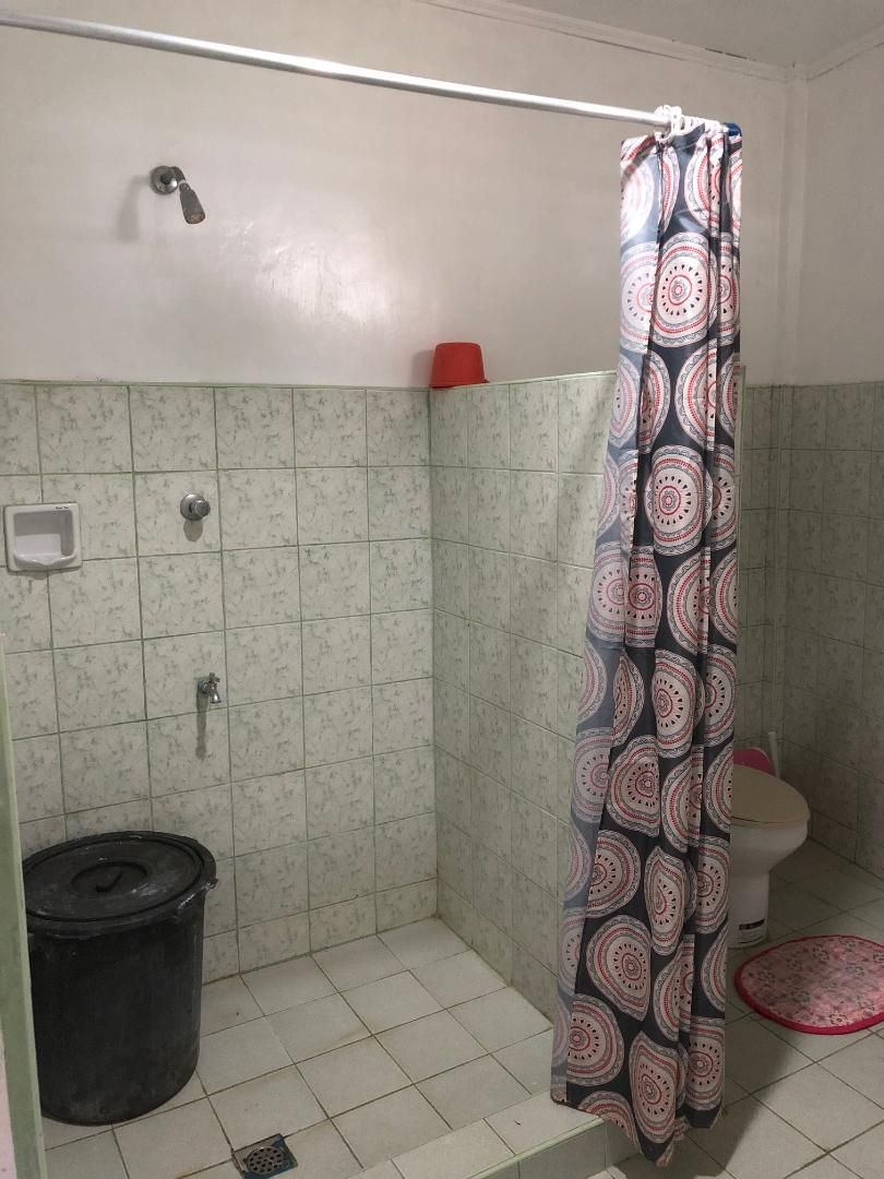 A bathroom with a shower curtain, a toilet, and a trash bin.