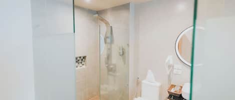 A modern bathroom with a glass-enclosed shower, a toilet, and a vanity with a mirror.