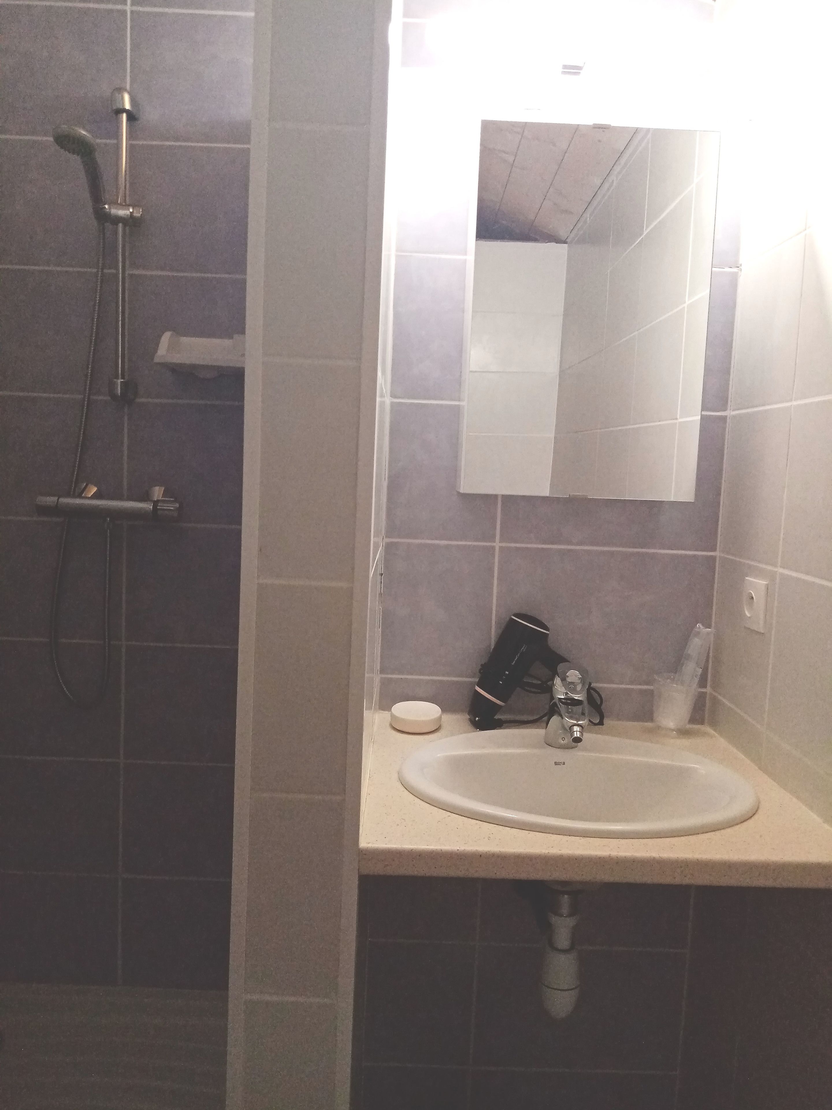 A bathroom with a shower, a sink, a mirror, and a hairdryer.