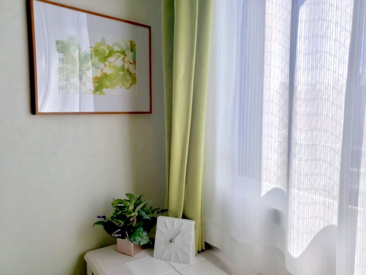 A corner of a room with a framed picture on the wall, a potted plant, and a white clock on a shelf.