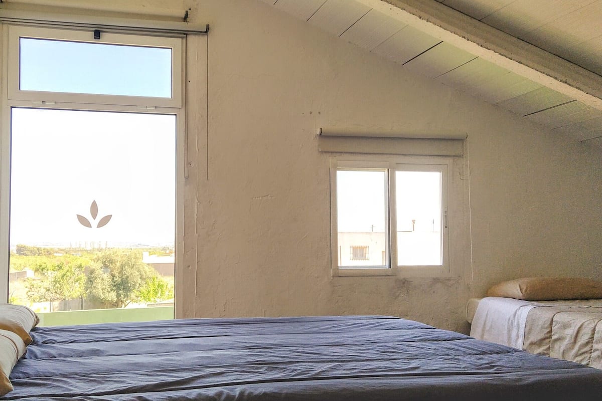 A room with two beds, a large window, and a view of greenery outside.